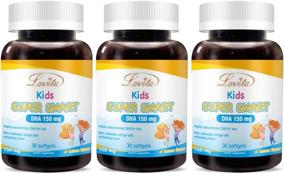 Lovita Kids Super Smart DHA, 150mg DHA și 30mg EPA de Omega 3 acidi grasi, susține sănătatea creierului, aroma naturala de lamaie, 30 Softgels masticabile (Pachet de 3)