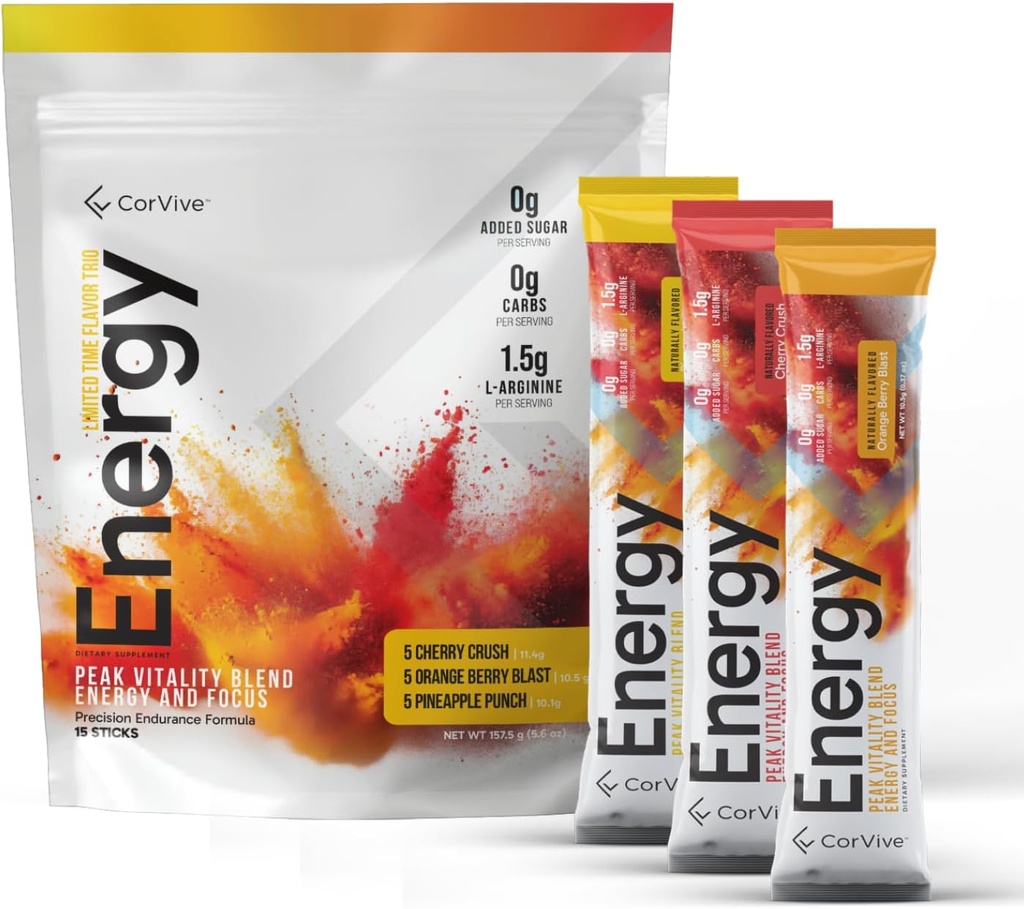 Energetic Drink Mix Variety Pack - Natural Energy & Focus Supliment cu Carnosyn®, Ashwagandha, L-Arginine, Theobromine - Zero Sugar, 5 Calorii, 120mg Cafeina