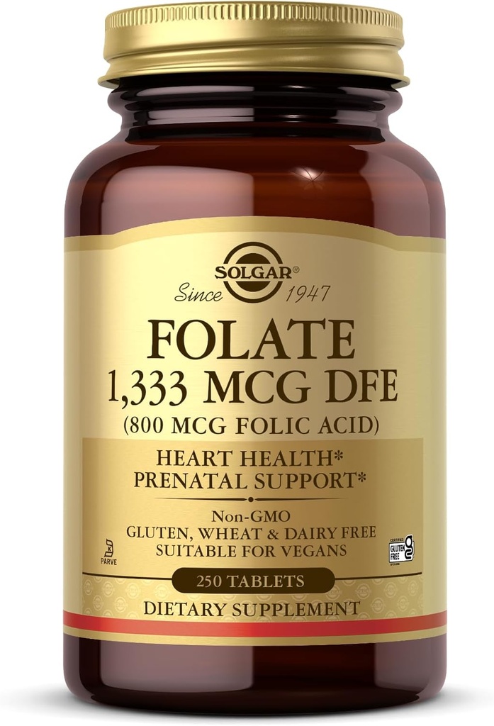 Solgar Folate 1,333 mcg DFE (acid folic 800 mcg) - 250 comprimate - Suport prenatal - non-GMO, Vegan, Gluten Free, Dairy Free, Kosher - 250 Serviri