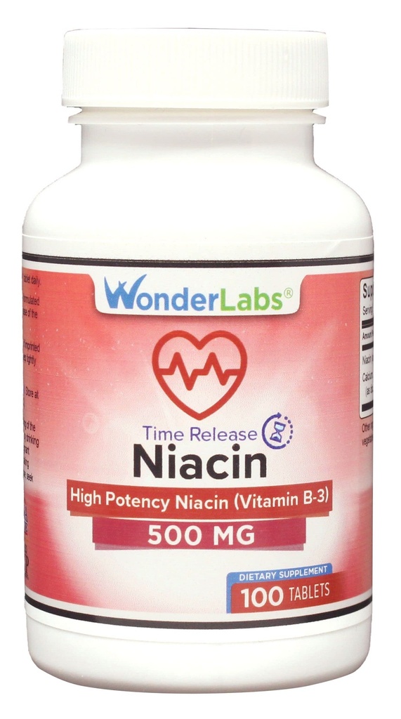 Wonder Laboratories High Potancy Time Release Niacin (Vitamina B3) 500 Mg 100 comprimate Non-GMO, Gluten Free Supplement