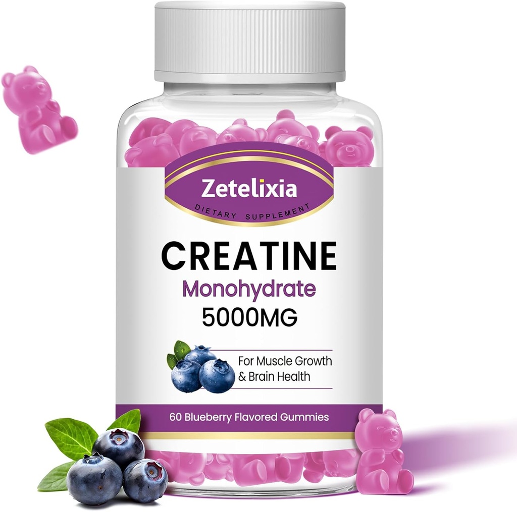 Creatine Monohidrat Gumries 5g pentru bărbaţi şi femei, Masticuri Creatina Monohidrat pentru forţa musculară şi musculare Constructor, vitamina B12 pentru suport energetic, non-GMO, aroma de afine, 60 Conte