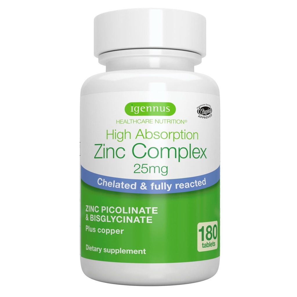 Igennus Clean Chelated Zinc 25mg cu cupru, Picolinat complet reacţionat & Bisglicinat, Complex de absorbţie ridicată, Supliment pentru femei şi bărbaţi, Lab verificate, non-GMO, Immune & Skin Support, 6 luni de aprovizionare