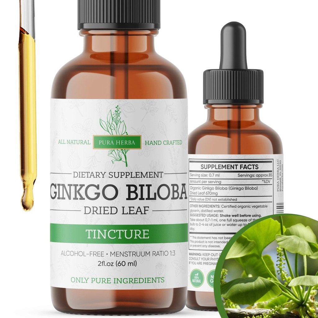 Ginkgo Biloba Extract lichid 2 Fl Oz, Suplimente pentru funcția cerebrală și suport de memorie, Alcool gratuit, Vegan - 2 Fl Oz