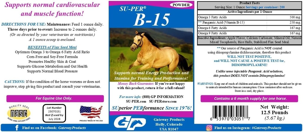 SU-PER B-15 Supliment de vitamine pentru cai - Equine Vitamina B-15 Pulbere pentru suport de performanță - 12,5 lire sterline, 6 luni de aprovizionare