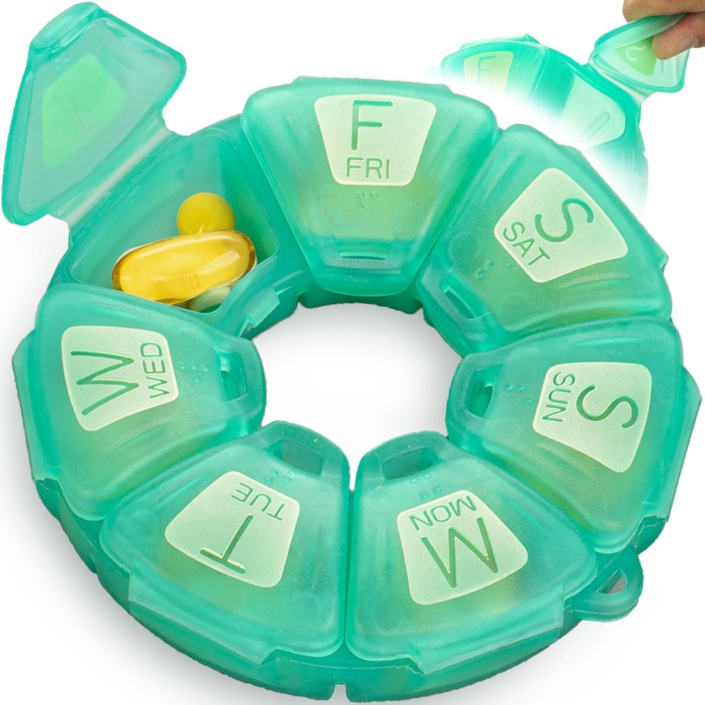 Round Weekly Pill Organizator, TPU Rubberized, Travel Pill Container 7 zile, cu 7 Compartimente mari, Mare pentru Daily Vitamine & Suplimente, Drăguț caz Pilula cu litere mari și Braille (Green)