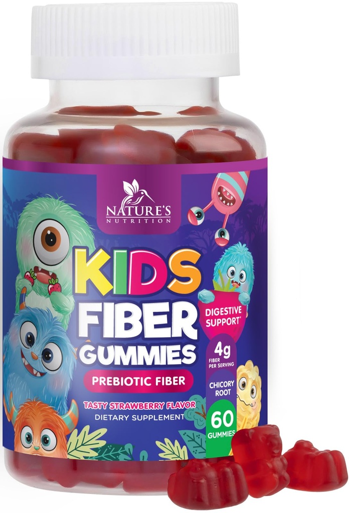 Gume de fibre pentru copii, Daily 4g Gummy Fiber Supliment, Prebiotic Digestive Health Support - Planta pe bază de fibre solubile naturale, Sprijină Regularitatea și Digestia pentru copii Non-GMO - 60 Gummies