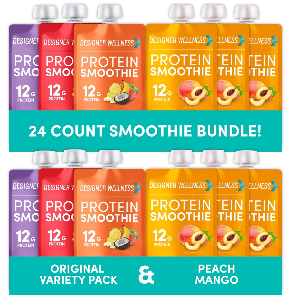 Designer Wellness Proteine Smoothies Origignal Variety Pack și Peach Mango Bundle