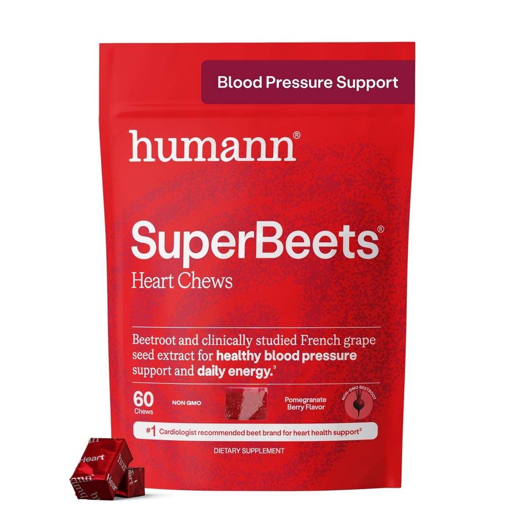 Humann SuperBeets Heart Chews, Beet Root Powder Supplement Energetic Supplement, Nitric oxid și suport pentru presiunea sângelui, Extract de semințe de struguri & non-GMO, Heart Health, rodie Berry Flavor, 60 Conte