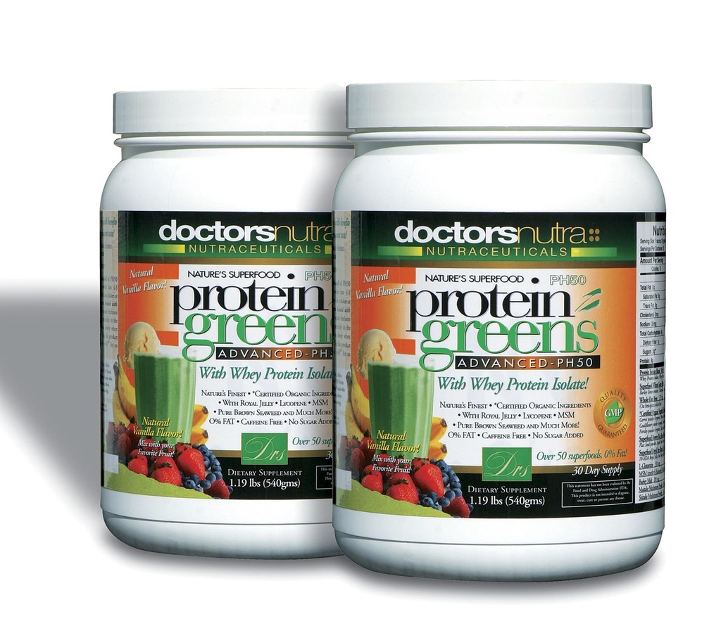 (Pachet de 2) PH50 Proteine Greens Bea cu ingrediente ecologice certificate de către medici Nutra Nutra Nutraceuticals, 1.19 Lire (540 Grams) 50 Superfoods, Enzime digestive, Aroma de vanilie naturală