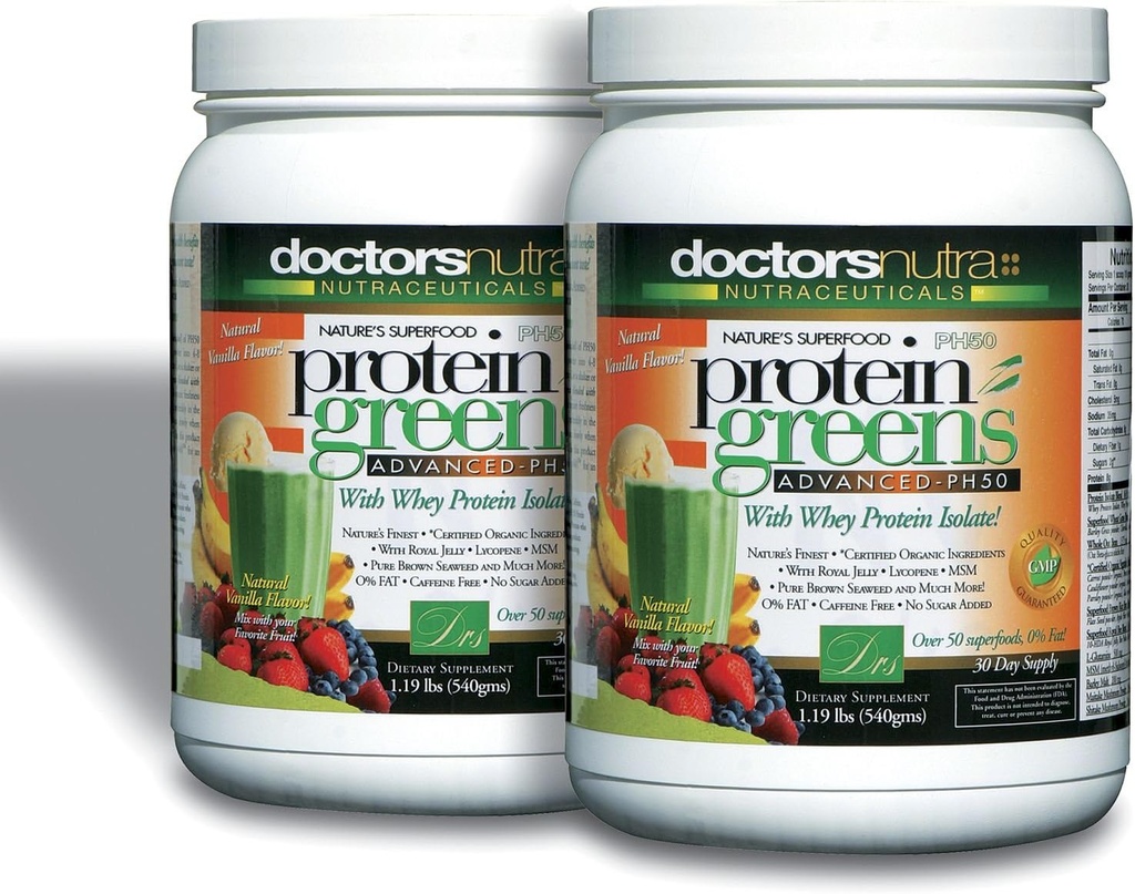 (Pachet de 2) PH50 Proteine Greens Bea cu ingrediente ecologice certificate de către medici Nutra Nutra Nutraceuticals, 1.19 Lire (540 Grams) 50 Superfoods, Enzime digestive, Aroma de vanilie naturală