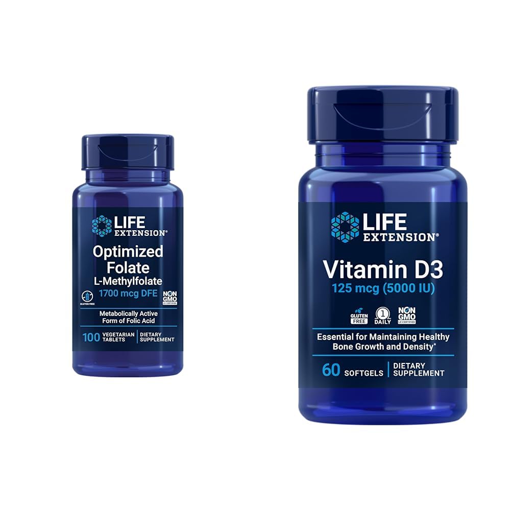 Extensie de viaţă Optimizate Folate Heart & Brain Support Tablete şi vitamina D3 Bone, Creier şi Immune Health Softgels - 100 comprimate, 60 Softgels