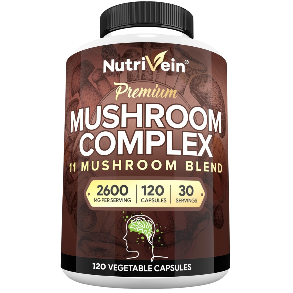 Nutrivein Premium Mushroom Supliment 2600 mg- Flacon 120 Capsule- 11 Nootropic Mushroom Complex - Lion's Mane, Cordyceps, Chaga, Reishi, Turkey Tail, Maitake, Shiitake, Agaricus, White Button, Oyster
