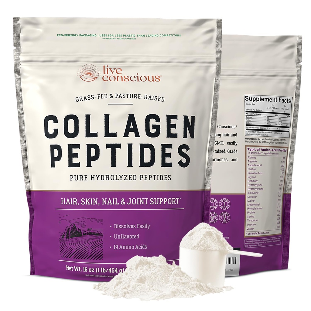 Live conştient Colagen Peptides pulbere - Natural-surse Hidrolizate Colagen pulbere - par, piele, unghii şi sprijin comun - Tip I & III Colagen Fed-Fed Suplimente pentru femei şi bărbaţi - 16oz
