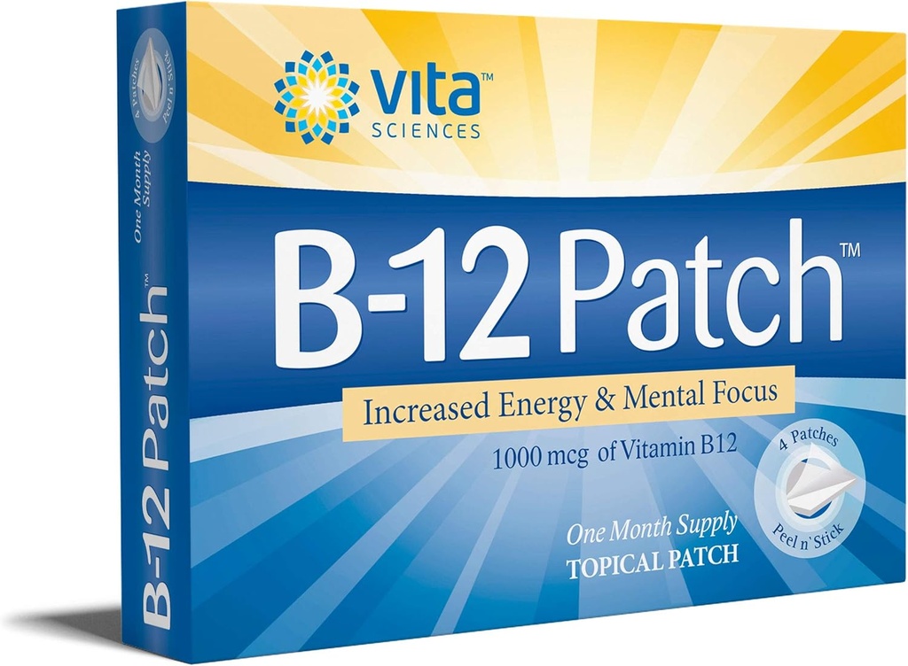 Vita Sciences Vitamina B12 Patch - Formula de rezistență suplimentară pentru bărbați și femei, 1 lună de aprovizionare. Boost Energy, Focus, Memorie & Metabolism