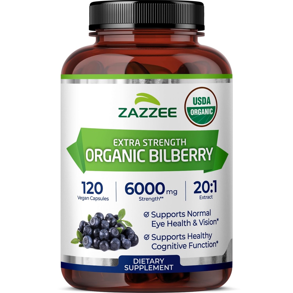 Zazzee USDA Organic Bilberry 20:1 Extract, 6000 mg Putere, 120 capsule Vegan, 4 Luna de aprovizionare, Standardizat și concentrat 20X Extract, 100% Vegetarian, All-Natural, Non-GMO, Made in the USA