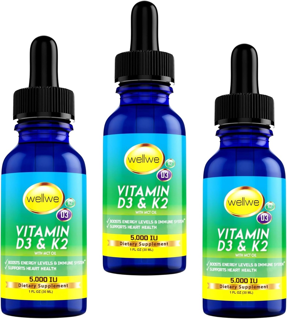 Drops lichid de vitamina D3 K2 cu ulei MCT 5000 UI - Vegan, No Taste, No Odor, Soy-Free, Gluten Free, Non-GMO, 1000 UI per picătură, Boosts Energy & Immune System (3 Pack)