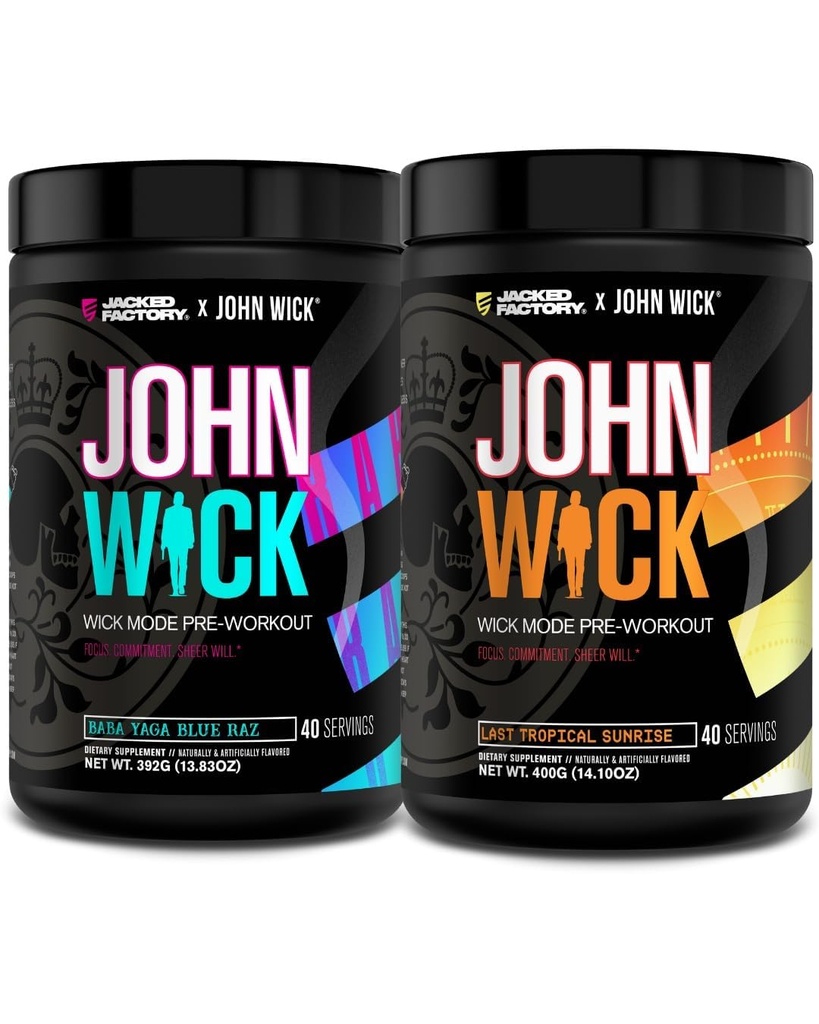 Fabrica Jacked X John Wick - Wick Mode Pre Workout pulbere - Energie intensă, Battle-Ready Focus, angajament de neoprit, și Sheer Will - Baba Yaga Blue Raz & Last Tropical Sunrise