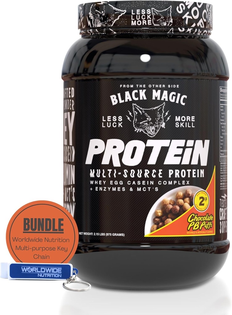 Nutriţie la nivel mondial Bundle: Black Magic Multi-Source Casein Proteine pulbere-Whey, Enzime Albumin ou, Micellar Casein & MCT-Muscle Mass Gain Bodybuilding-Chocolate PB Puffs 2LB & Keychain