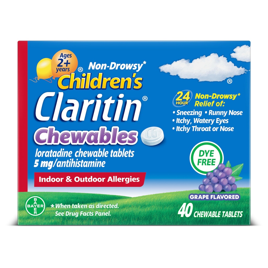 Claritin Medicina de Alergie pentru copii, 24 de ore Loratadină 5 mg comprimat masticabil, Antihistamina pentru copii Vârsta 2 ani şi mai mare, Aroma de struguri, 40 comprimate