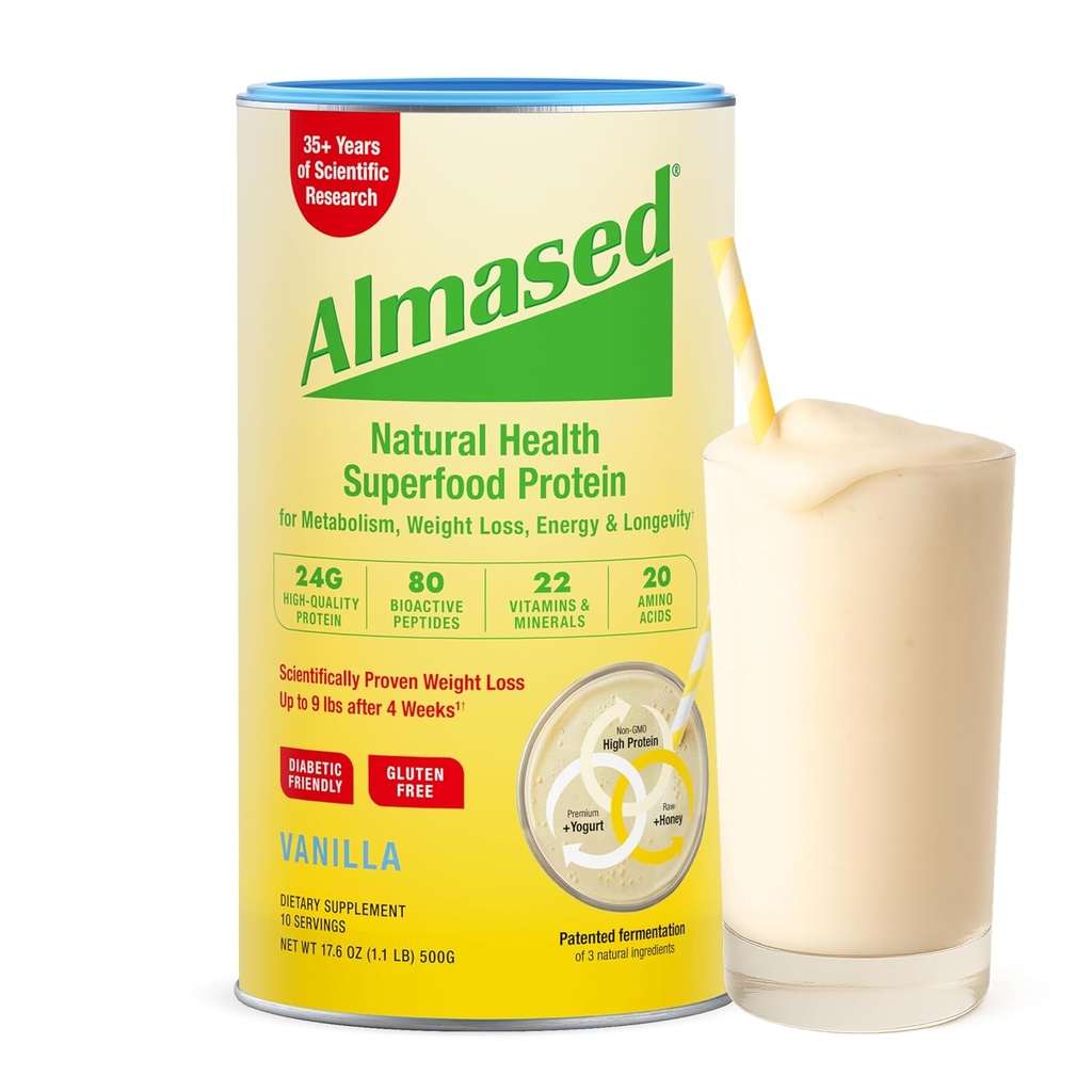 Almased Vanilla Meal Replacement Shake - Low-Glycemic High Plant Protein Base Powder- Greutate nutritionala Suplimentul de suport pentru sanatate - Vanilla Flavor - 17,6 oz (1.1 Pound (1 ambalaj))