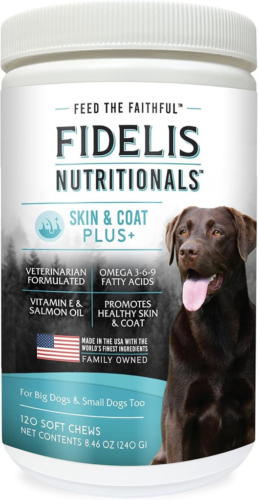 FIDELS Skin & Coat Plus+ Dog Skin & Coat Supplement, Omega 3, Vitamina E, Ulei de somon pentru câini, Acid gras, Piele sanatoasa, Haina lucioasa, Adult, Big & Small, Made in USA, Aroma vegetala, 120 Soft Chews