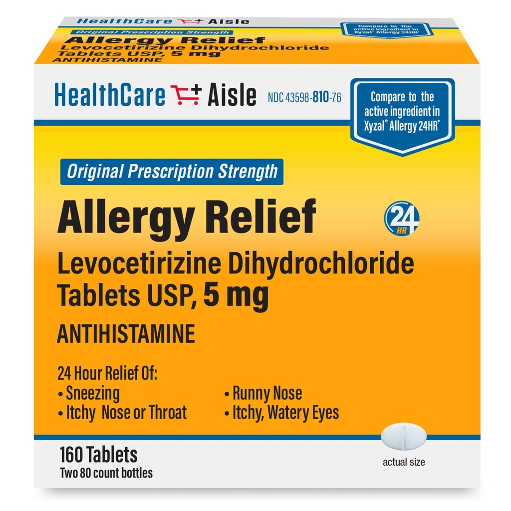 HealthCareAisle Alergie Relief - Levoterizină Dihidroclorhidrat comprimate USP, 5 mg, 160 comprimate, Recrutare inițială Concentrație Alergie Medicamente, 24-our Relief, 80 Conte (Pachet de 2)