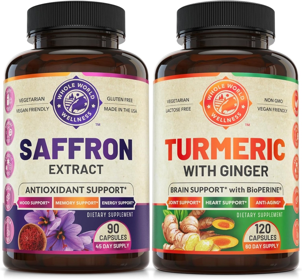 Extract pur de șofran și Curcumin Bundle (O sticlă fiecare). Susţine starea de spirit, creşterea energiei, funcţia metabolică. USA Made.