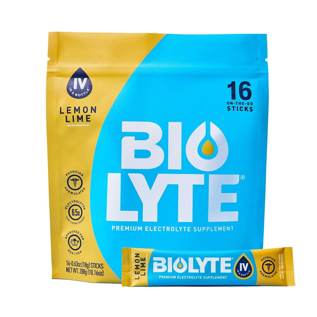 BIOLYTE IV Pachete de pulbere pentru electrolitice, IV Mix de băuturi lichide pentru apă, Hidratare dezvoltată de medic, HSA & FSA Aprobată pentru deshidratare, Chimioterapie trebuie să aibă pentru femei şi bărbaţi- lamaie (16 stick-uri)