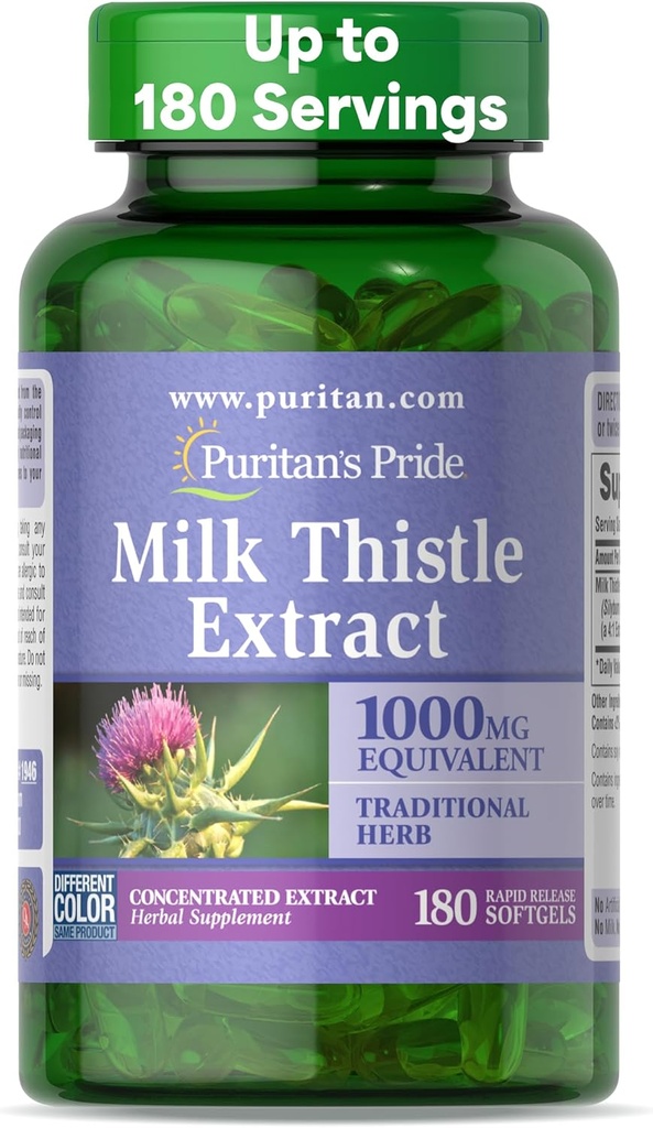 Puritan Milk Thistle 4:1 Extract 1000mg 180 Softgels (Silymarin) Sănătate hepatică