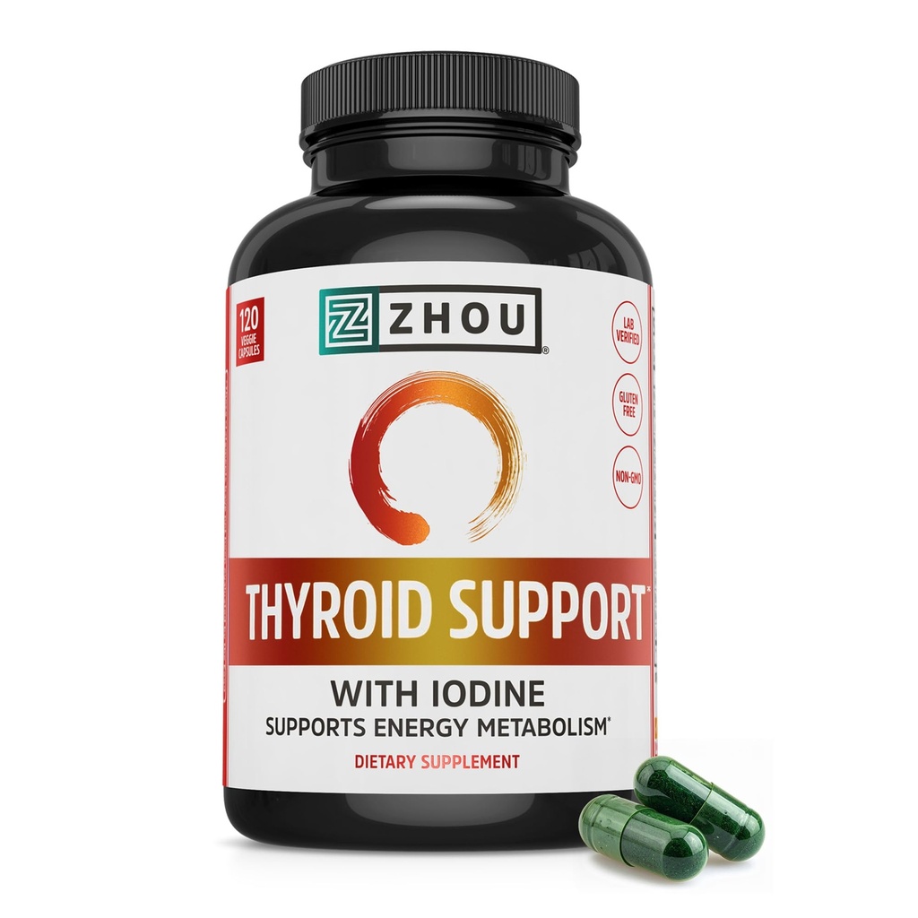 Suport tiroidian Zhou - Supliment tiroidian pentru femei si barbati cu zinc, iod si seleniu, Complex tiroidian de sanatate metabolica, Suport antioxidant cu Aswagandha & Kelp - 120 Capsule vegetale