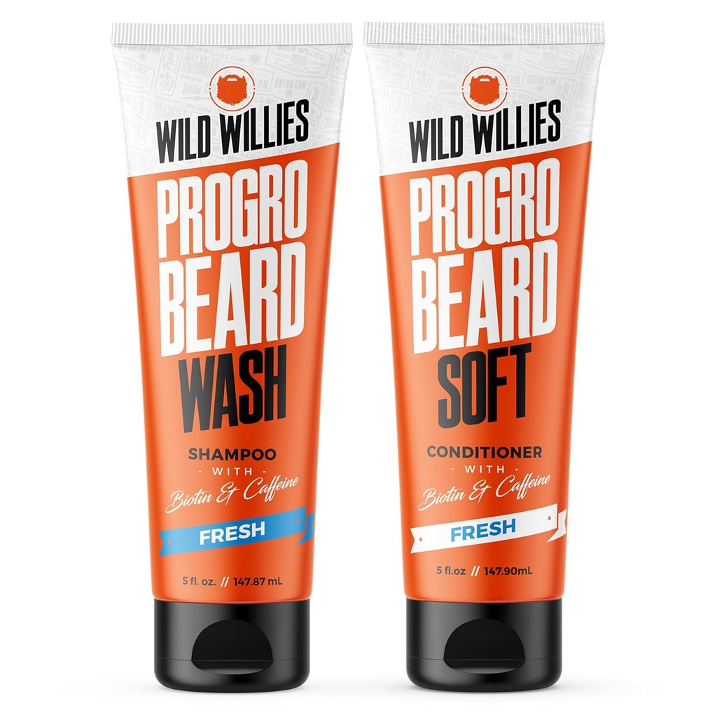 Wild Willies PROGRO Barbă șampon și balsam Kit - Fortificat w/Cafeina și Biotina - Consolidarea, Flake-Free, Umezizare Barbă de spălare și balsam pentru bărbați, 2 x 5oz tuburi