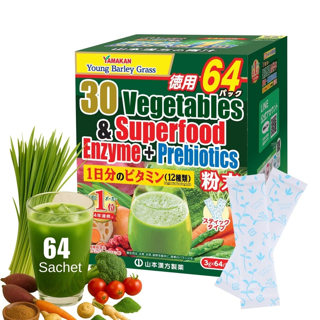 Yamamoto Kanpoh YAMAKAN Greens Superfood Powder cu fibre prebiotice & enzime pentru digestia, 30 Veggies & Young Barley Grass Juice Blend din Japonia, Gut Health for Women & Men, 64 Packets