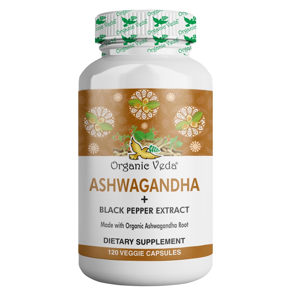 Suplimente organice Veda Ashwagandha, 1500mg - Capsule Ashwagandha cu extract de piper negru - Made from Pur 100% Organic Ashwagandha Root - Mood Supplement & Energy, 120 Veggie