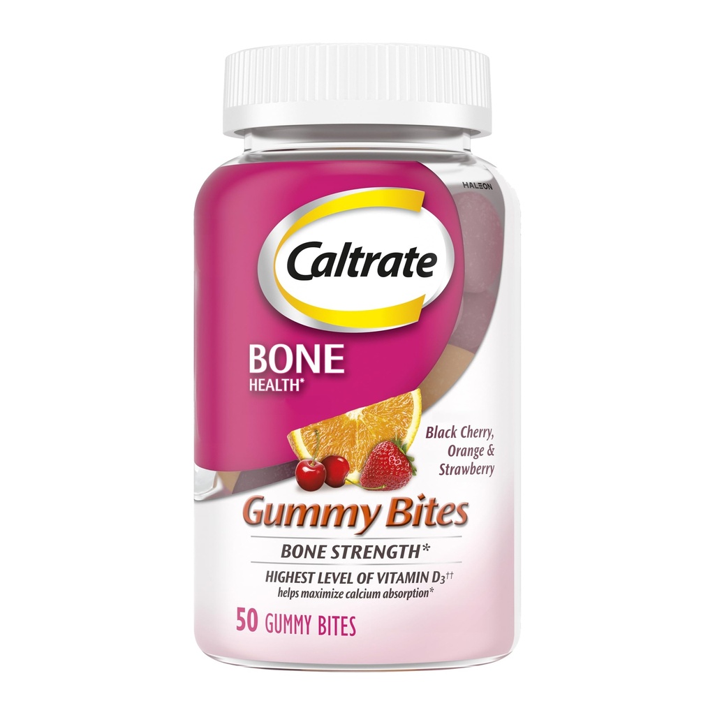 Caltrate Gummy Bites 500 mg Calciu și vitamina D Supliment, Negru Cherry, Căpșuni, Portocaliu - 50 Conte