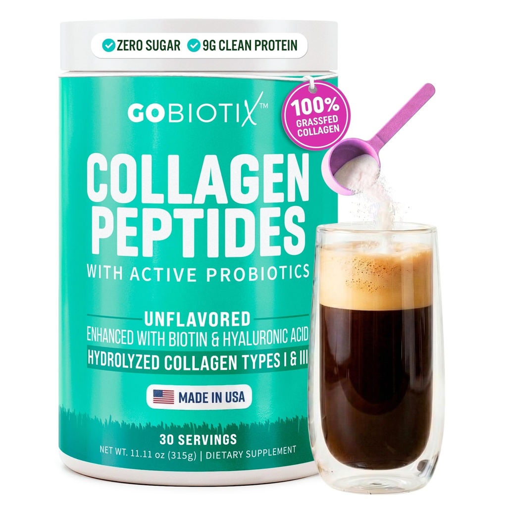 GOBIOTIX Colagen Powder Supliment cu Probiotice - Hidrolized Proteine Colagen Pulbere pentru femei - Piele de par si unghii, Joint si Digestive Health - Colagen Peptide tip I si III - 30 Serviri