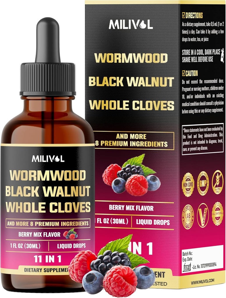 11in1 Black Walnut Wormwood Tincture Extract with Whole Cloves, Berberine and 8 More - 2 Months Supply - 1 Fl Oz - Berry Mix Flavor