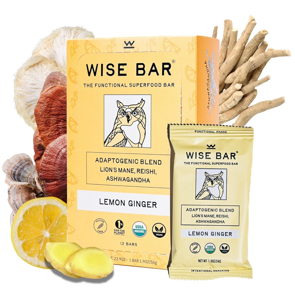 Înțelept Bar Adaptogen Mushroom Nutrition Baruri cu Reishi, Lions Mane & Ashwagandha, Organic Vegan & Gluten Free Snacks pentru focus natural, Energy & Imunity Support, Lemon Ginger Flavor, 12 Conte