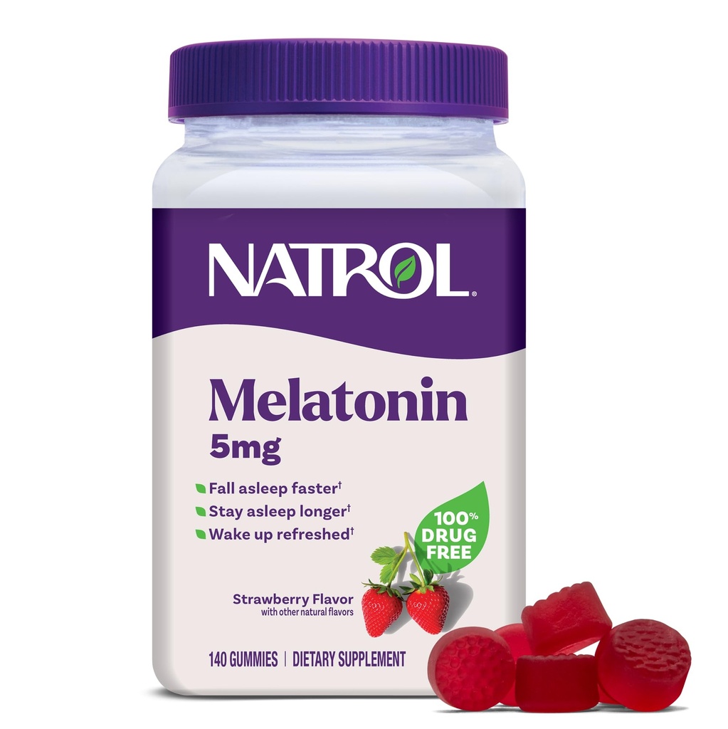 Natrol 5mg Melatonin Gummies, Sleep Support pentru Adulți, Melatonina Suplimente pentru dormit, 140 Căpșuni-Flavored Gumries, 70 de zile de aprovizionare