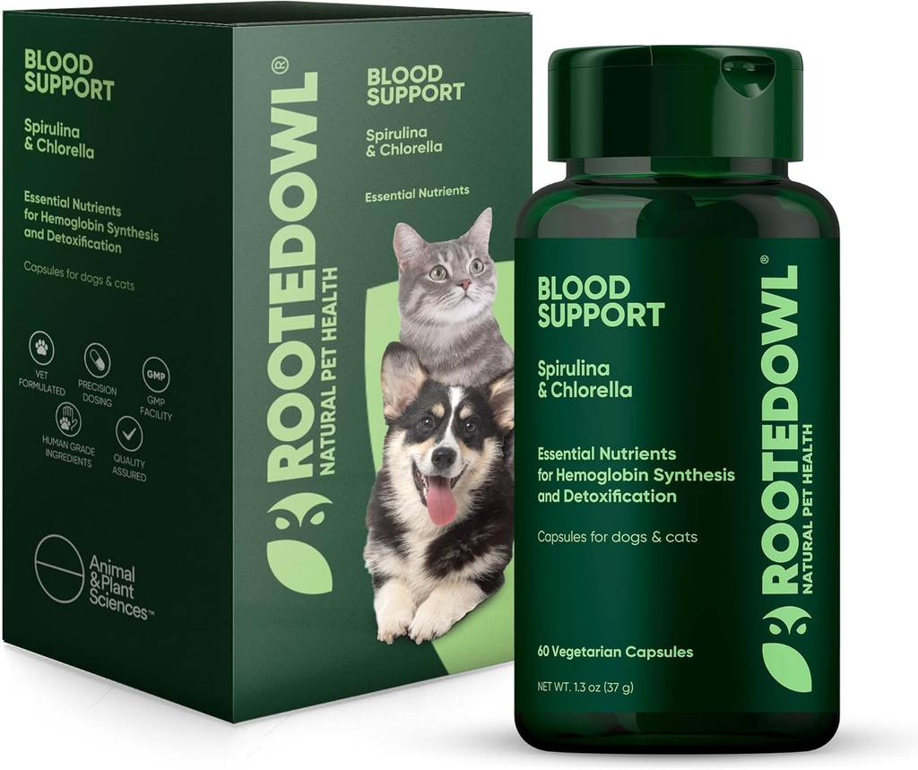 Suport de sânge bufniță înrădăcinată - Imunitate, Recuperare și Supliment de fier pentru câini și pisici - Sprijin anemie cu Spirulina și Chlorella - 60 /ct Capsule Vegan