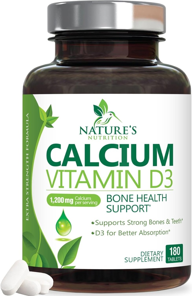 Suplimentul de calciu 1200 mg - cu vitamina D3 pentru cea mai bună absorbţie - susţine sănătatea imună, oasele şi dinţii - carbonatul de calciu al naturii + 1600 UI de D3 - îmbuteliat în SUA pentru femei şi bărbaţi - 180 comprimate
