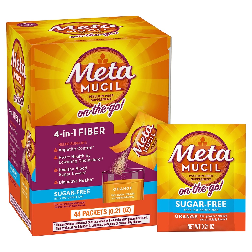 Metamucil On-the-Go Packets, Sugar-Free, 44 Pachete, 4-in-1 Psyllium Husk Fiber Supplement, Orange Flavored, Serviri individuale mare pentru călătorie, Fiber Supplement pentru Digestive Health and Regularity