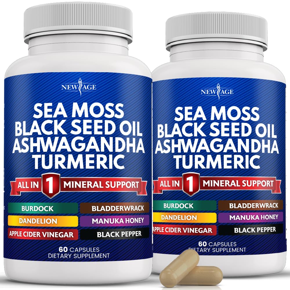 NOU AGE Sea Moss Capsule Black Seed Oil Ashwagandha Turmeric Bladderwrack Braddock - cu Manuka, Honey Dandelion, ACV Black Pepper Gluten gratuit