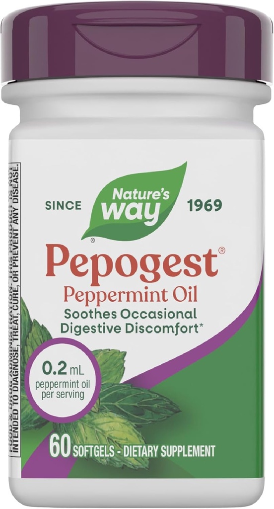Natura's Way Pepogest Peppermint Oil, Soothes Ocazional Gastrointestinal Discomfort*, Enteric Peppermint Oil Softgels, 60 Softgels (Packagging May Vary)