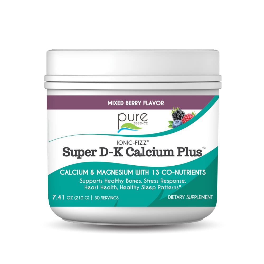 Ionic Fizz Super D-K Calciu Plus de Esență pură - cu extra magneziu, vitamina D3, vitamina K2 pentru oase puternice și suport de stres - mixt Berry - 7.41oz