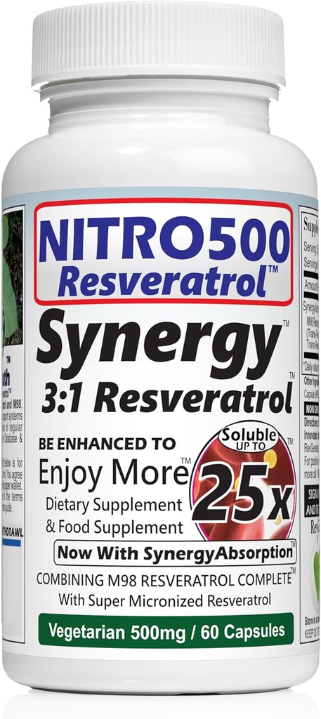 Nitro Synergy Resveratrol (Nitro500) cu până la 25x Solibilitate - 60 Capsule vegetariene - 30 Servings - 500 mg per Serving