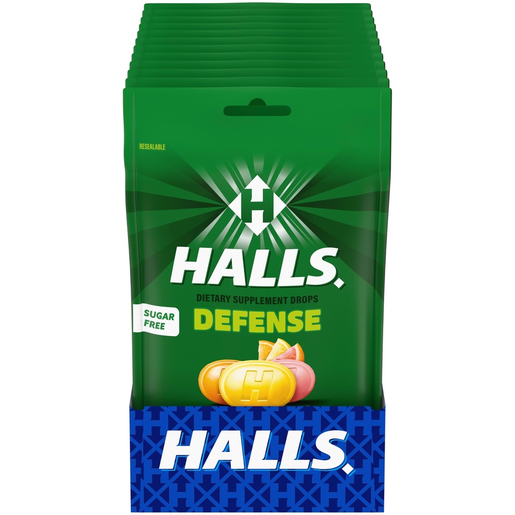 HALLS Defense Asortate Citrus zahar liber Vitamina C picături, Dieta suplimente picături, 12 pungi de 25 picături (300 picături totale)