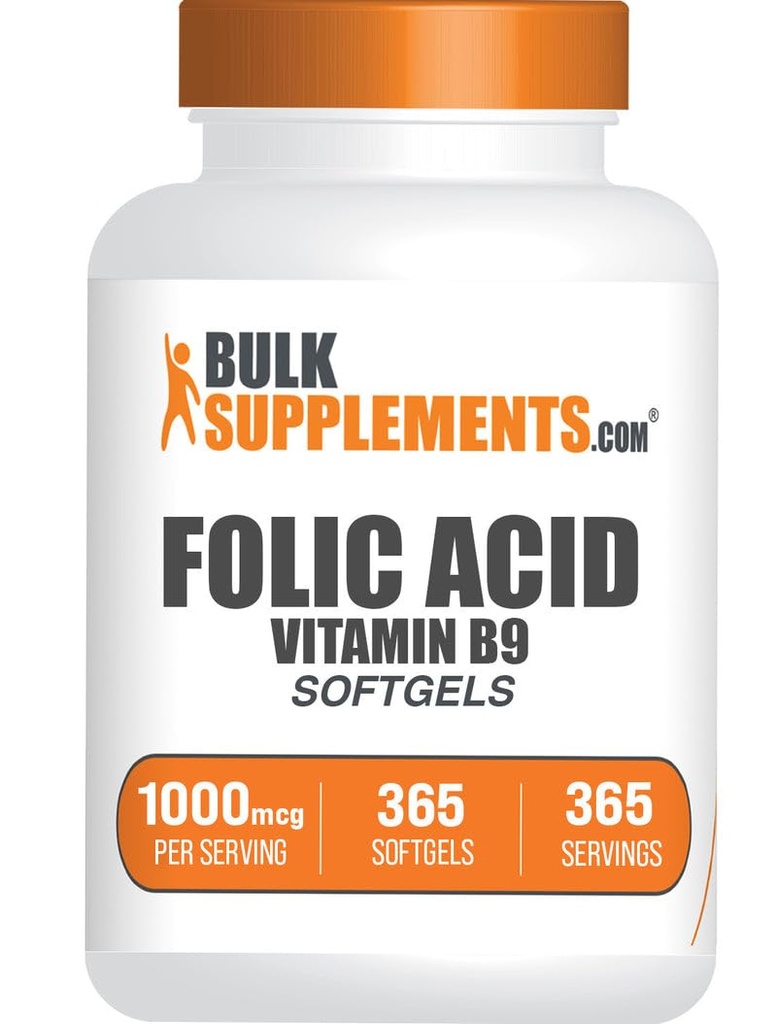 BulkSupplements.com Acid folic Softgels - Vitamina B9, Acid folic 1000 mcg, Supplement Folate - Gluten Free, 1 Softgel per Serving, 365 Conte (Pachet de 1)