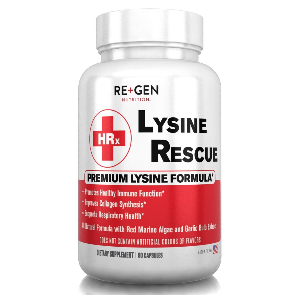 Re+Gen Nutrition Lysine Rescue, Amino Acid Supplement for Stronger Immune Health & Colagen Sinteza la Femei si Barbati, Promoveaza Lips & Skin Health, Natural, Pure L-Lysine, 90 Capsule, 45 zile de aprovizionare