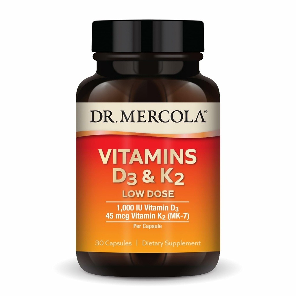 Dr. Vitamine Mercola D3 & K2 Doza scăzută - Menţineţi nivelurile de vitamina D - Susţine sănătatea imună şi osoasă - MenaQ7 Chickpea-Sourced K2 - Non-GMO, Gluten-Free & Soy-Free - 30 capsule (30 Servings)