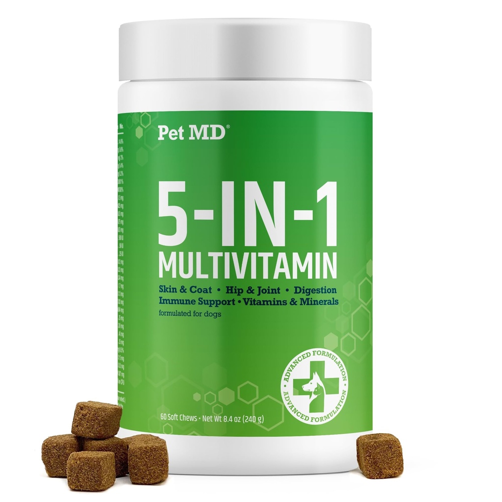 Pet MD 5in1 caine Multivitamine - 30 Vitamine esentiale, Minerale & Nutrients for Skin & Coat, Hip & Joint, Digestion, Senior Dog & Puppy Vitamins - Glucosamine, Omega 3 6 9, & Probiotice - 60ct